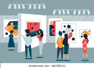 Woman and Man in Art Gallery View Paintings. Vector Illustration. Free Time. Development and Hobby. Rest from Work. Group Classes. Modern Hobby. Use Time Wisely. Hobby Modern Art. Attend Exhibition.