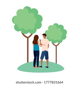 Woman and man avatar backwards at park with trees design, Person people and human theme Vector illustration