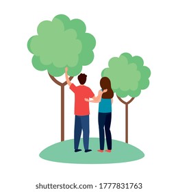 Woman and man avatar backwards at park with trees design, Person people and human theme Vector illustration