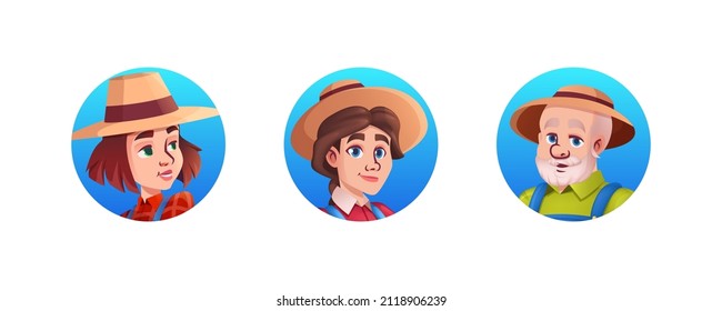 Woman and man avatar farmer in straw hat on blue background. Face portrait of gardener people. Agronomist person on farm or garden cartoon vector illustration. Countryside harvest concept.