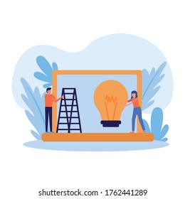 Woman and man avatar with light bulb and ladder on laptop design, Idea creativity genius and imagination theme Vector illustration