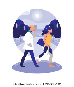 Woman and man avatar at park in front of city buildings design, Person people and human theme Vector illustration