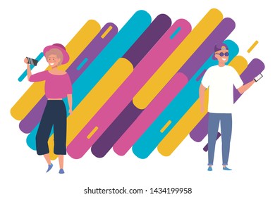 Woman and man avatars with smartphone design