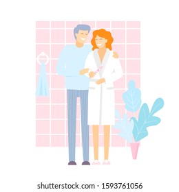 Woman and man with baby test In bathroom. Enamoured couple finding out results of a pregnancy test. Woman holding positive pregnancy test in hand. Two test strips.   Vector illustration