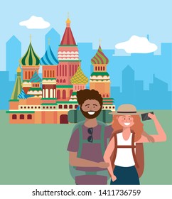 woman and man with backpack taking a picture
