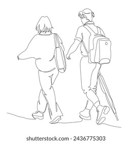 Woman and man with backpack walking away. Man holding closed umbrella. Continuous line drawing. Black and white vector illustration in line art style.