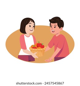 Woman and man with a basket of fruits. Illustration in cartoon style. sharing illustration. a boy shares fruit with a girl. Design elements of empathy and sympathy