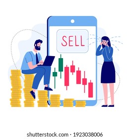 Woman, man and bearish stock market. The girl is crying because of financial losses. Falling stock prices and fixing a loss, selling. Vector concept in a flat style on a white background.