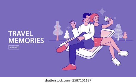 woman and man best trip online. Travel around world. Online journey. Couple is planning their trip. Choosing best route. Travel agency tour abroad. Traveling around the world from phone. Vector