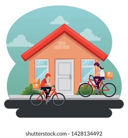 woman and man in the bicycle with boxes packages and house