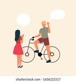 Woman and man with bicycle talking with bubble text cartoon hand drawn style vector design illustrations. Concept of greeting and say hello two people when meeting.