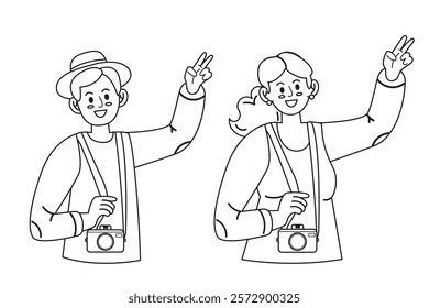 Woman and man black and white traveling with camera hand drawn