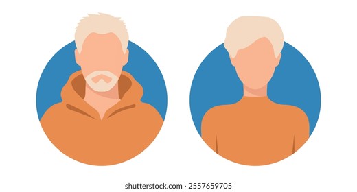 Woman and man with blond hair abstract face icons. Female and male faceless portraits, avatars or anonymous profiles. Vector illustration