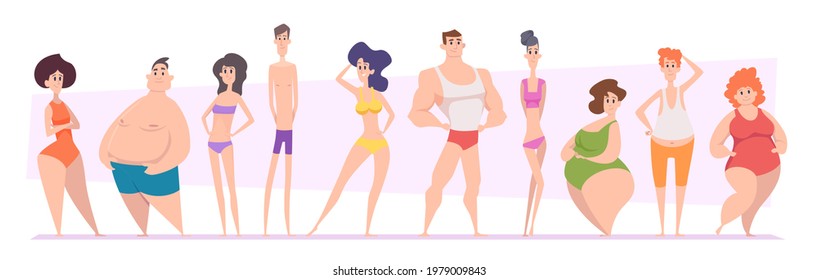Woman and man bodies. Adult girls and boys types of bodies shapes thin tall skinny fat exact vector illustrations people