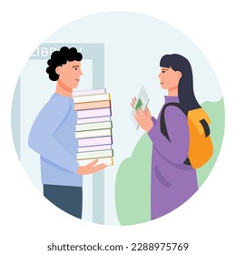 A woman and a man with books. Girl with e-book. A man in a library. Vector illustration.