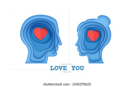 Woman and man brain head with love hearts in paper cut style. St Valentine day modern vector card concept. Silhouette of papercut layered couple people with think of love in brain