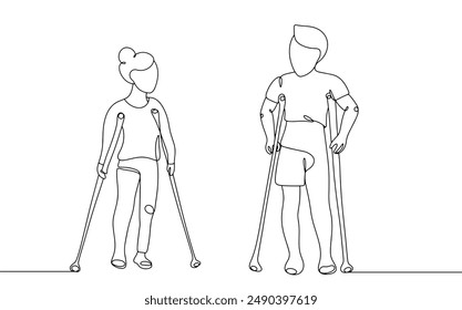 A woman and a man with broken legs. People with a cast on their leg for a speedy recovery. Effective treatment of a broken leg. Isolated vector. 