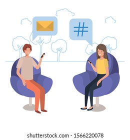 Woman man and bubble icon design, Digital technology communication social media internet web and wireless theme Vector illustration