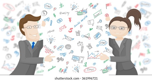 Woman and man in business clothes point to the banner with icons on a theme business