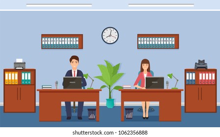 Woman and man business employee on working places in office. Working situation with female and male staff.