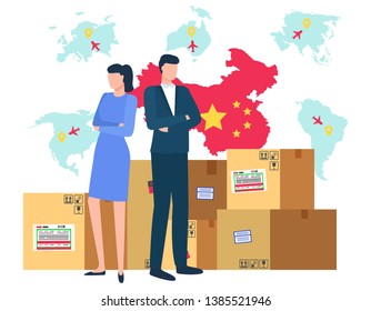Woman and man business people dealing with trade vector, China map and flag with carton boxes and packages with goods and product for shipment flat style. Delivery from China to world marketplace