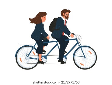 Woman and man business team on twin bicycle. Businesswoman and businessman cycling tandem in formal clothes. 