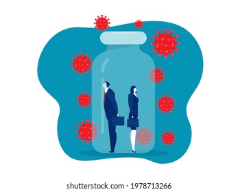 woman and man business in vaccin bottle protect from covid 19 or coronavirus concept vector illustrator
