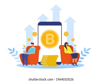 woman and man buying bitcoin to get an increase in cryptocurrency investment returns every year vector illustrator