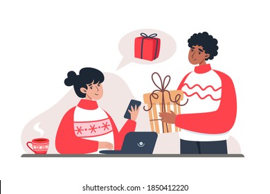 Woman and man buying gifts in online store, New Year's and Christmas online shopping from home. Vector illustration in flat style