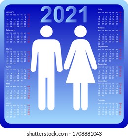 Woman and man in calendar 2021. Week starts on Monday