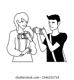 woman and man with camera design, Device gadget technology photography equipment digital and photo theme Vector illustration