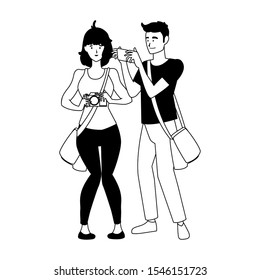 woman and man with camera design, Device gadget technology photography equipment digital and photo theme Vector illustration