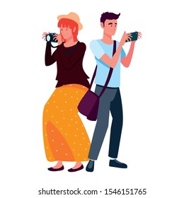 woman and man with camera design, Device gadget technology photography equipment digital and photo theme Vector illustration