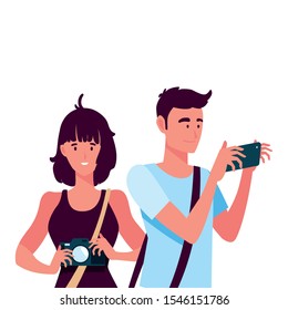 woman and man with camera design, Device gadget technology photography equipment digital and photo theme Vector illustration