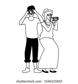woman and man with camera design, Device gadget technology photography equipment digital and photo theme Vector illustration