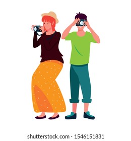 woman and man with camera design, Device gadget technology photography equipment digital and photo theme Vector illustration