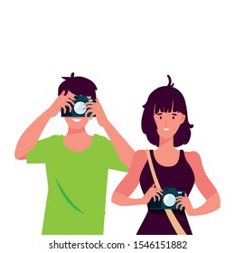 woman and man with camera design, Device gadget technology photography equipment digital and photo theme Vector illustration