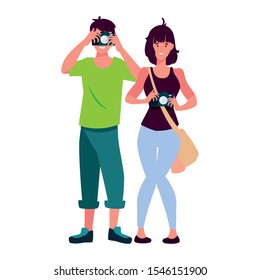 woman and man with camera design, Device gadget technology photography equipment digital and photo theme Vector illustration