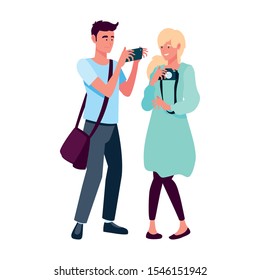woman and man with camera design, Device gadget technology photography equipment digital and photo theme Vector illustration
