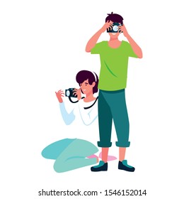 woman and man with camera design, Device gadget technology photography equipment digital and photo theme Vector illustration