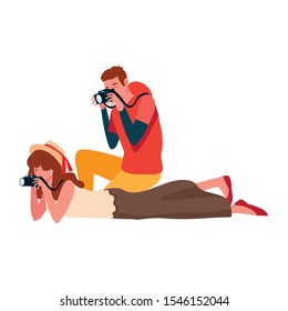 woman and man with camera design, Device gadget technology photography equipment digital and photo theme Vector illustration