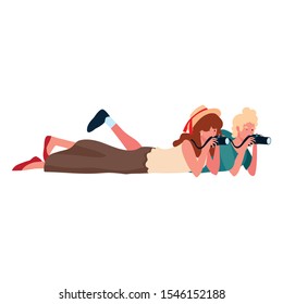 woman and man with camera design, Device gadget technology photography equipment digital and photo theme Vector illustration