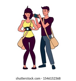 Woman and man with camera design, Device gadget technology photography equipment digital and photo theme Vector illustration