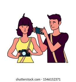 Woman and man with camera design, Device gadget technology photography equipment digital and photo theme Vector illustration