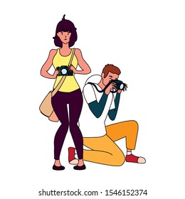 Woman and man with camera design, Device gadget technology photography equipment digital and photo theme Vector illustration