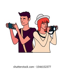 Woman and man with camera design, Device gadget technology photography equipment digital and photo theme Vector illustration