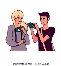 Woman and man with camera design, Device gadget technology photography equipment digital and photo theme Vector illustration