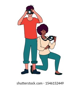 Woman and man with camera design, Device gadget technology photography equipment digital and photo theme Vector illustration