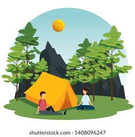 woman and man with camp in the nature landscape