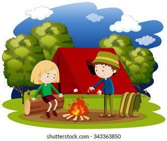 Woman and man camping at night illustration